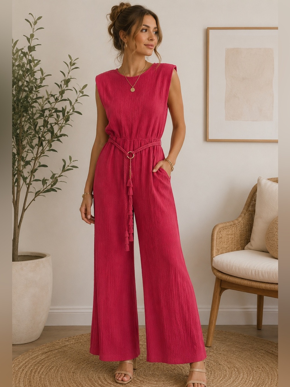 Sleeveless Wide-Leg Jumpsuit with Tassel Belt in Berry Pink